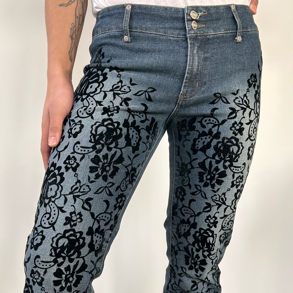 Vtg. Y2k NWTs London Blue Vigoss Jeans Black Velvet Floral Lace Glitter Jeans